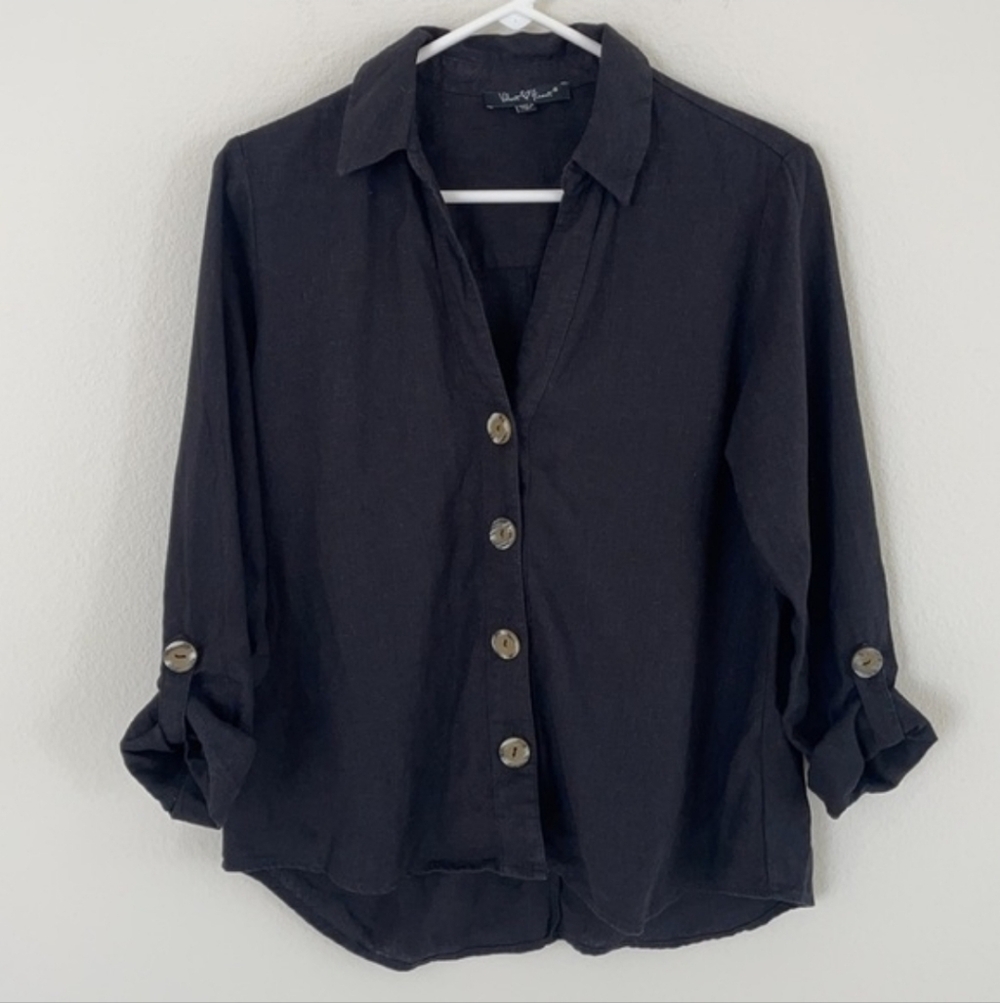 Velvet Heart Black Linen Blend Button-Up Shirt Size Small